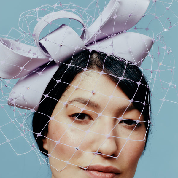 lilac silk bow headband with crystalised veil