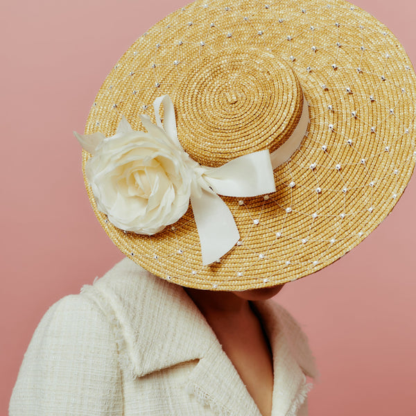 straw boater with crystals and rose trim