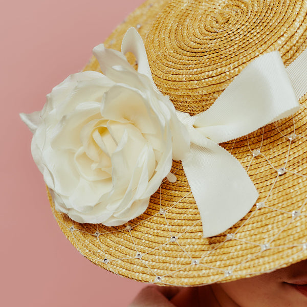 straw boater with crystals and rose trim