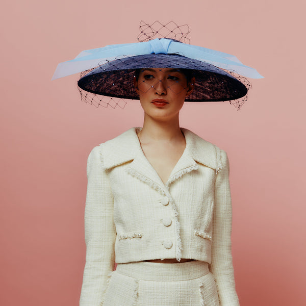 navy picture hat with veil and bow