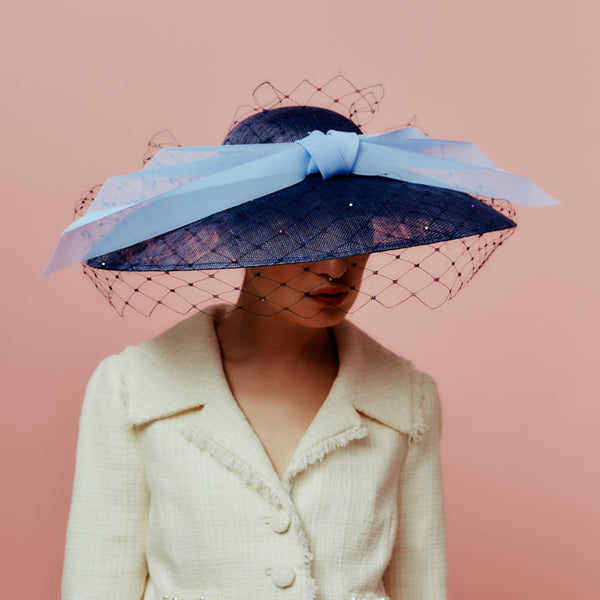 navy picture hat with veil and bow