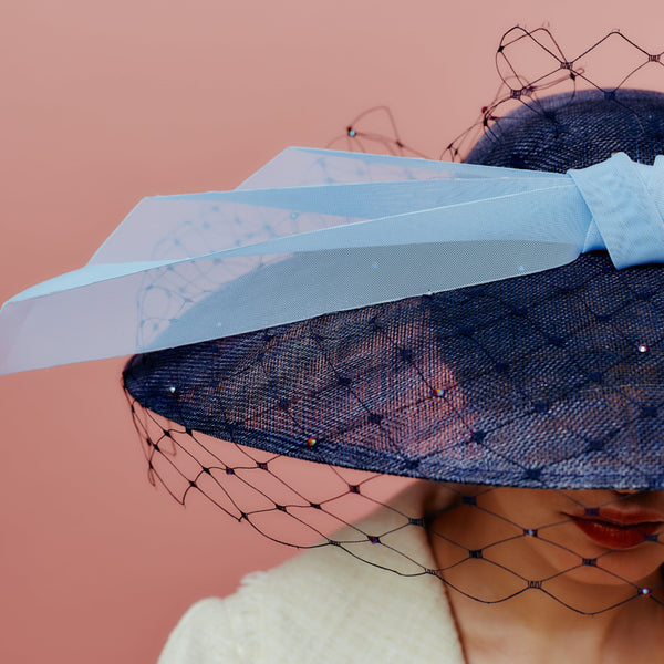 navy picture hat with veil and bow