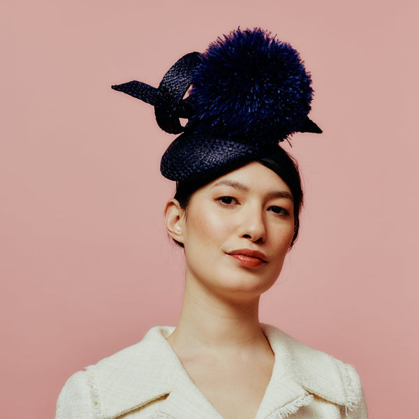navy pom pom beret with bow