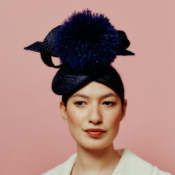navy pom pom beret with bow