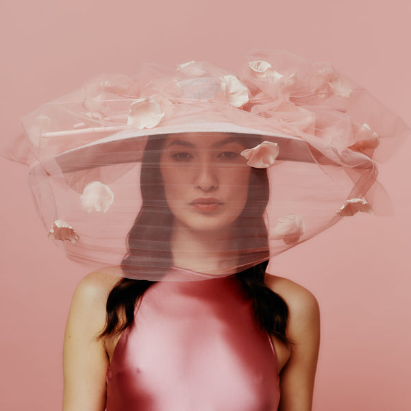 pink tulle and rose petal wide brim hat