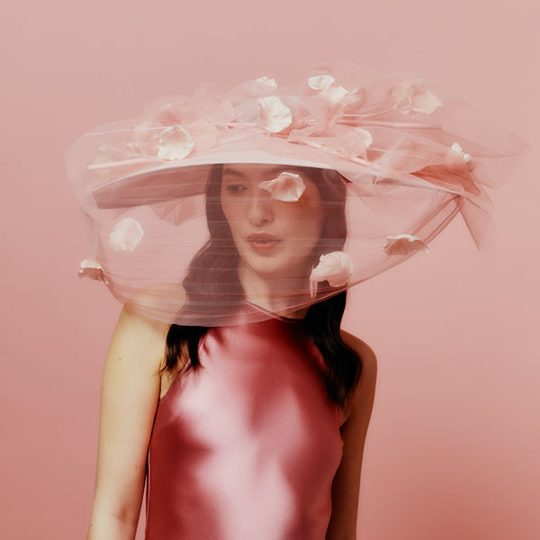 pink tulle and rose petal wide brim hat