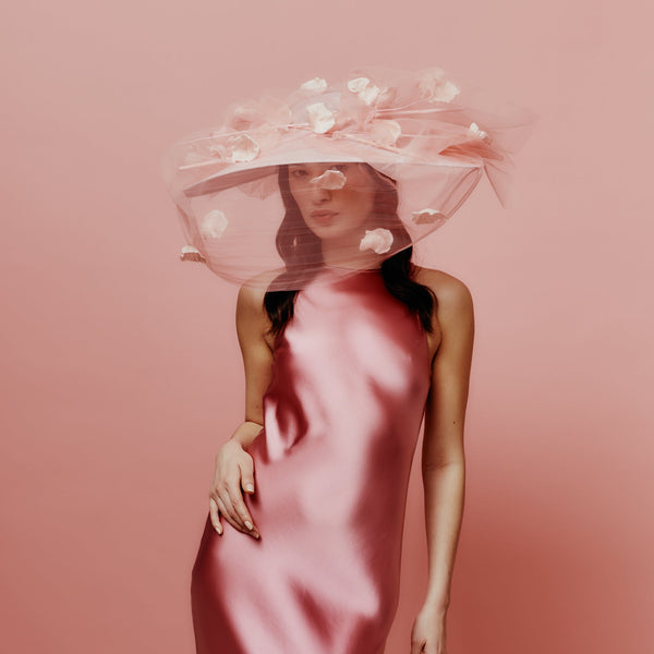 pink tulle and rose petal wide brim hat