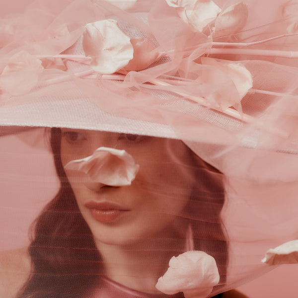 pink tulle and rose petal wide brim hat