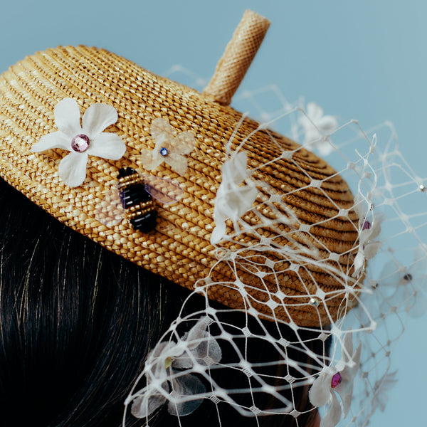 veiled straw beret with silk flowers