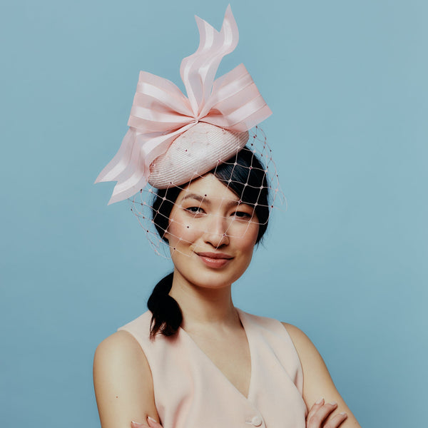 pink straw beret with crystalised veil and crinoline bow