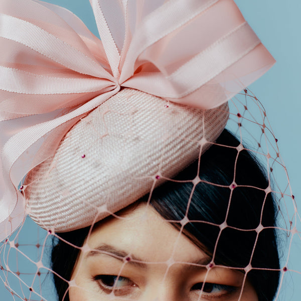 pink straw beret with crystalised veil and crinoline bow