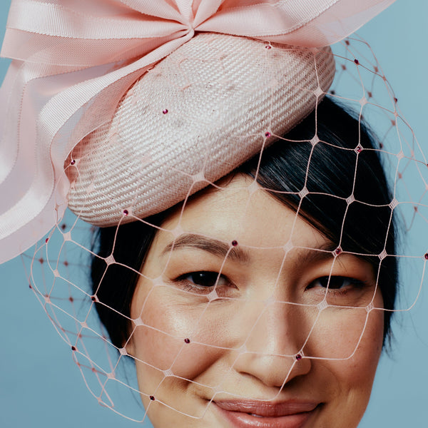 pink straw beret with crystalised veil and crinoline bow