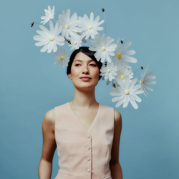 goose feather daisy headpiece with flying bees
