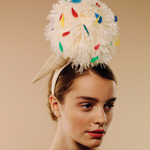 ostrich pom pom ice cream headband with mulit-coloured sprinkle feathers