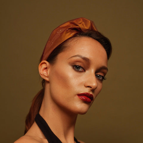 Bud - mustard silk dupion headband with burgundy tulle overlay