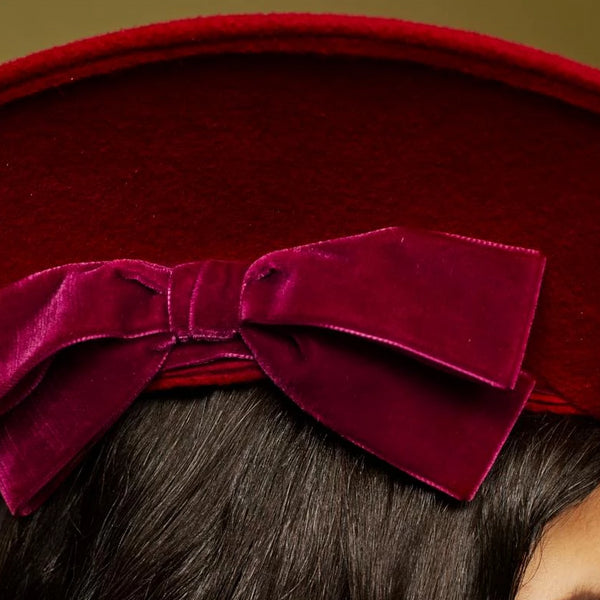 Florence Red Felt Boater with Velvet Ribbon