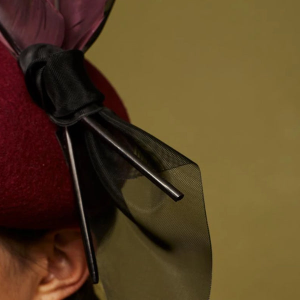 Rococo Burgundy Pillbox with Feathers and Bow