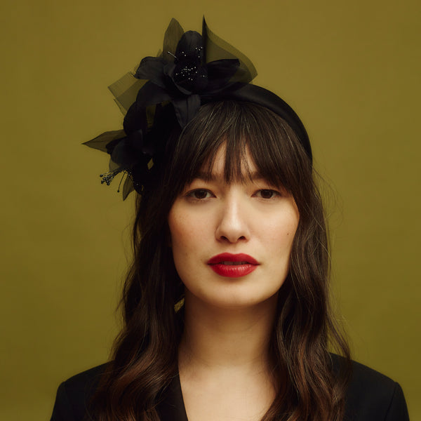 Awon golding georgia black lily headband made from duchess satin