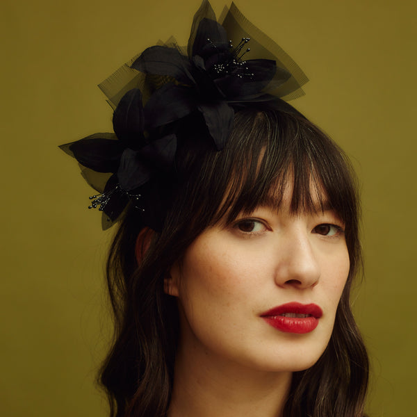 Awon golding georgia black lily headband made from duchess satin, side view