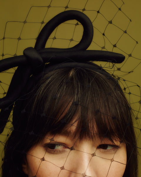 awon golding Mississippi Black Bow Veiled Headband close up
