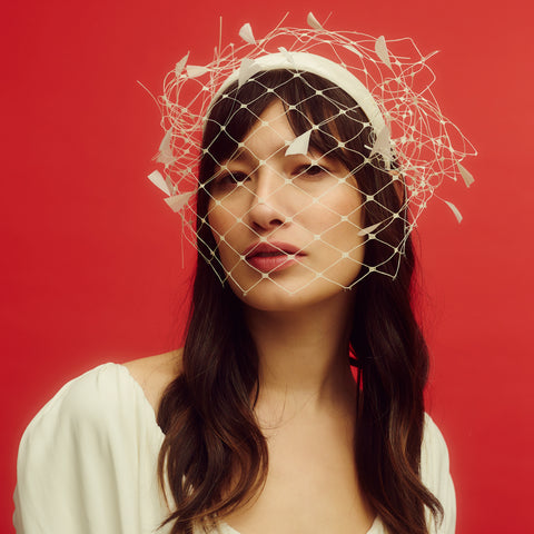 Elsa Ivory White Veiled Headband with Feathers