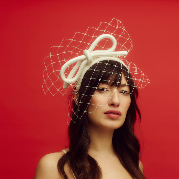 Awon Golding white ivory over-sized satin bow birdcage veiled headband
