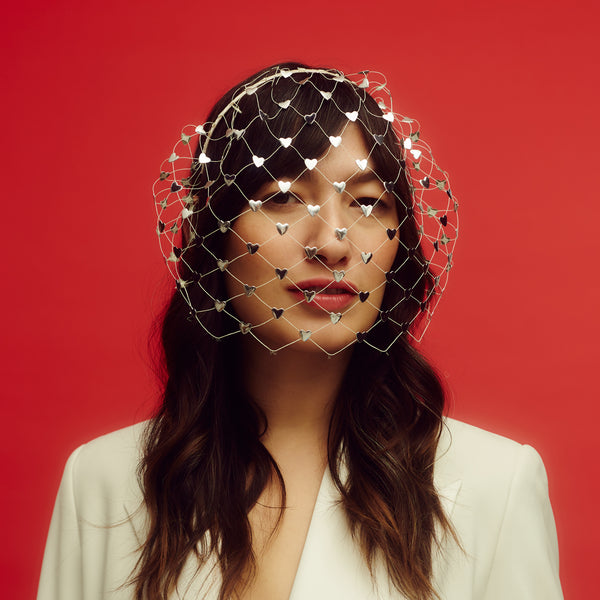 Awon Golding silver hearts birdcage veiled headband