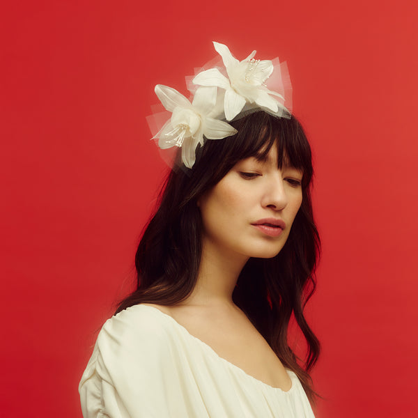 awon golding headband with silk lilies and frayed crinoline