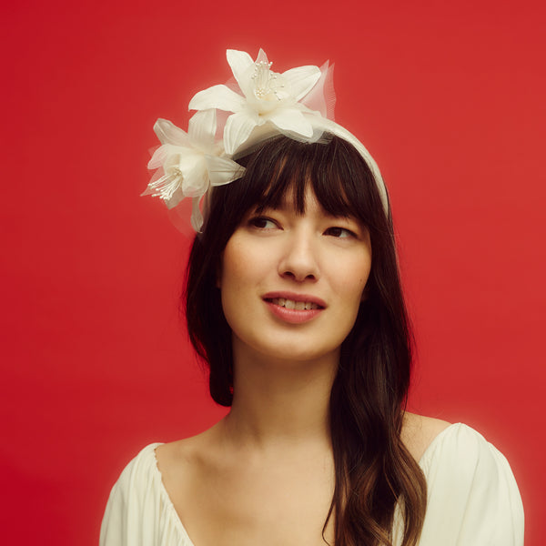 awon golding headband with silk lilies and frayed crinoline, front view