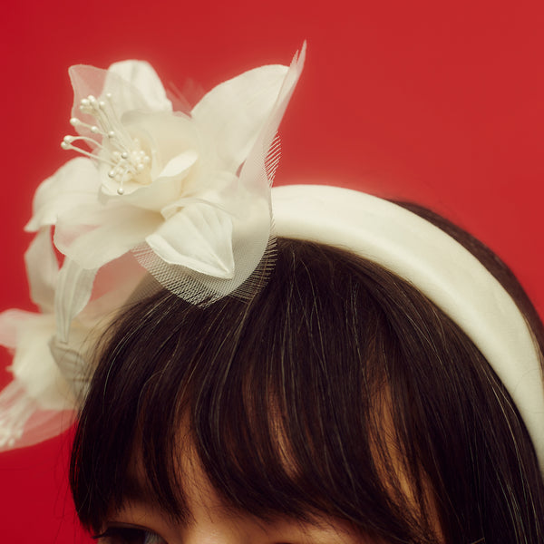 awon golding headband with silk lilies and frayed crinoline, headband details