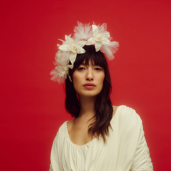 Awon golding lily and tulle bridal headpiece set on a wire headband