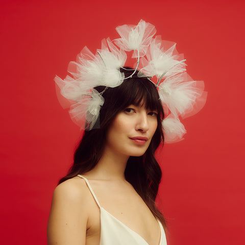 awon golding white ivory tulle blossom tiara crown with metallic silver stems, side view