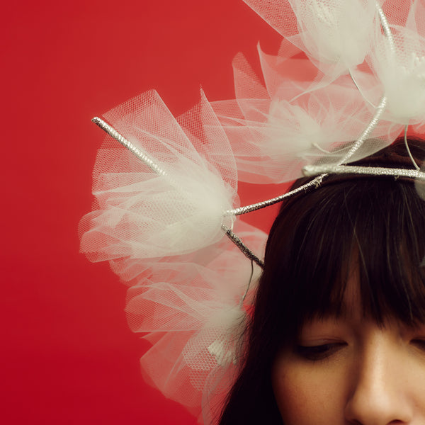 awon golding white ivory tulle blossom tiara crown with metallic silver stems, close up