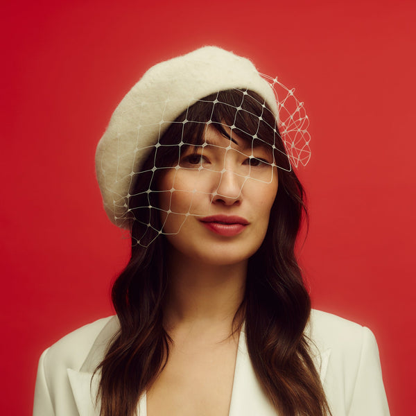 Women's White Ivory wool beret with veil
