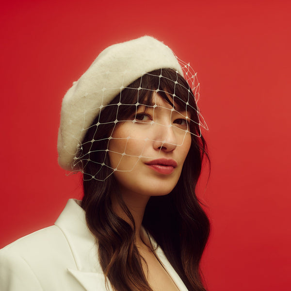 Women's White Ivory wool beret with veil