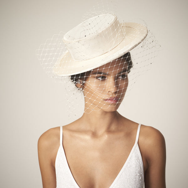 Icon boater - ivory duchess satin with crystal veil