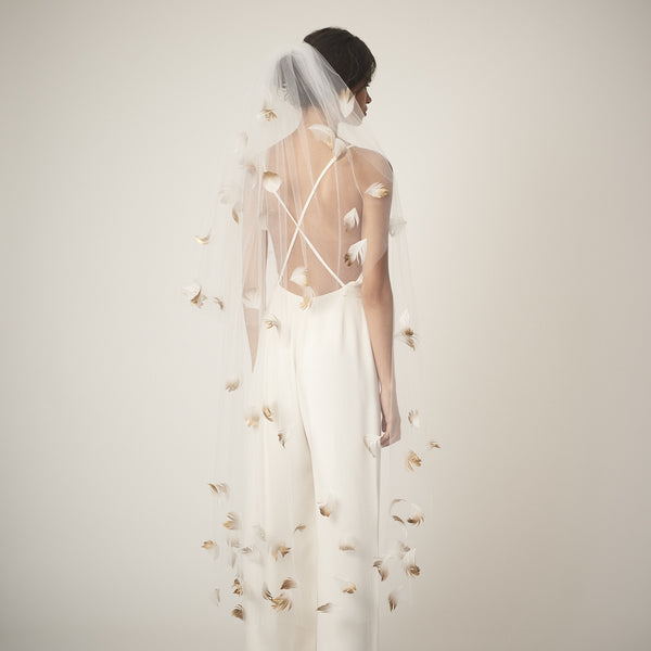 Cascade full-length tulle and gold ombre goose feather veil