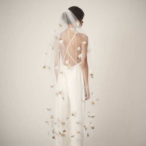 Cascade full-length tulle and gold ombre goose feather veil