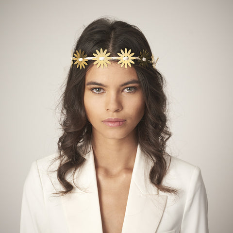 Golden Hour crown with laser-cut brass daisies on wired satin band