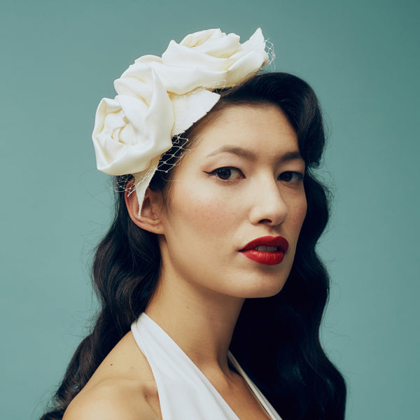 Twin Rose Ivory White Satin Headpiece