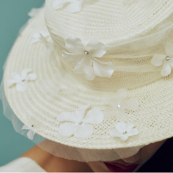 Penelope White Straw Boater with Silk Flowers