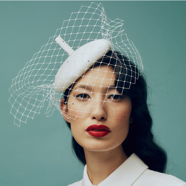Constance White Crystal Veiled Satin Beret