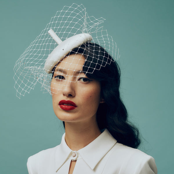 Constance White Crystal Veiled Satin Beret