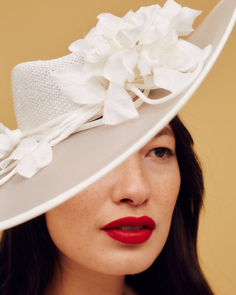 Ivory white straw and crinoline fedora with hand-made blossom trimming - Awon Golding Millinery