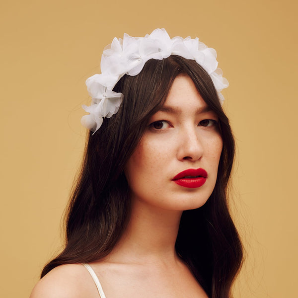 Ivory white ombre crinoline petal headband with metallic silver beaded centre - Awon Golding Millinery