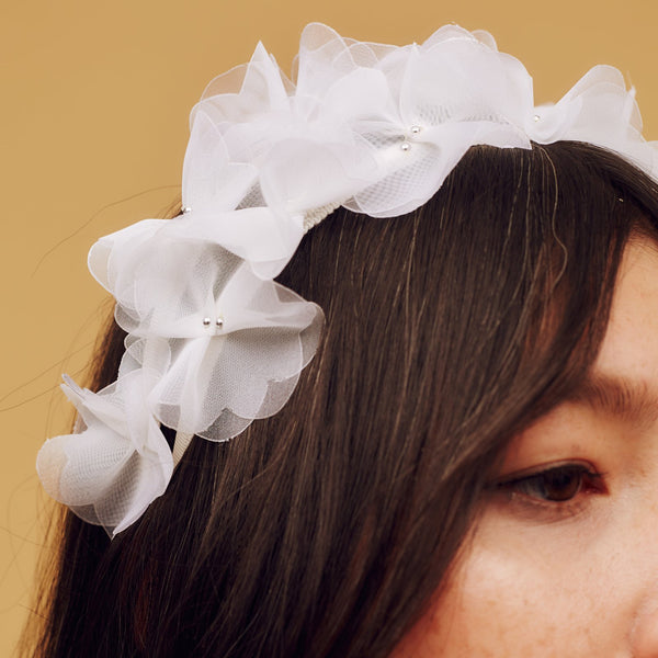 Ivory white ombre crinoline petal headband with metallic silver beaded centre - Awon Golding Millinery