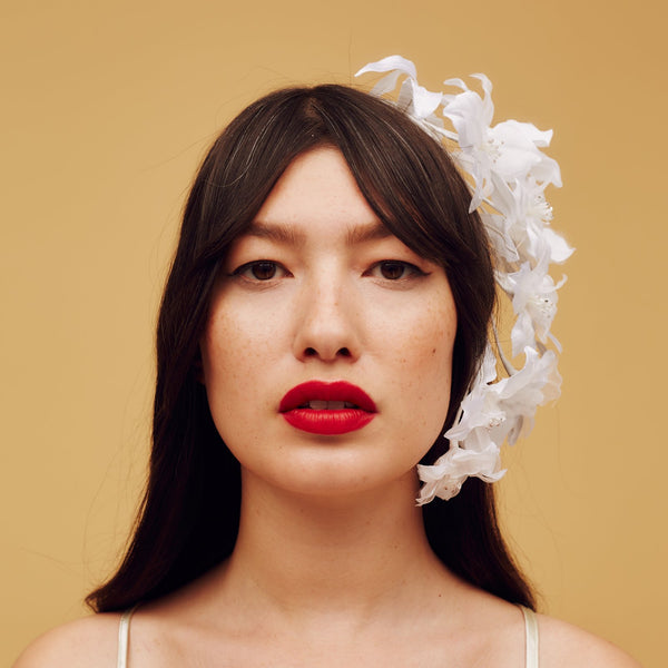 Ivory white silk orchid headpiece with mini crystalised stamen accents - Awon Golding Millinery