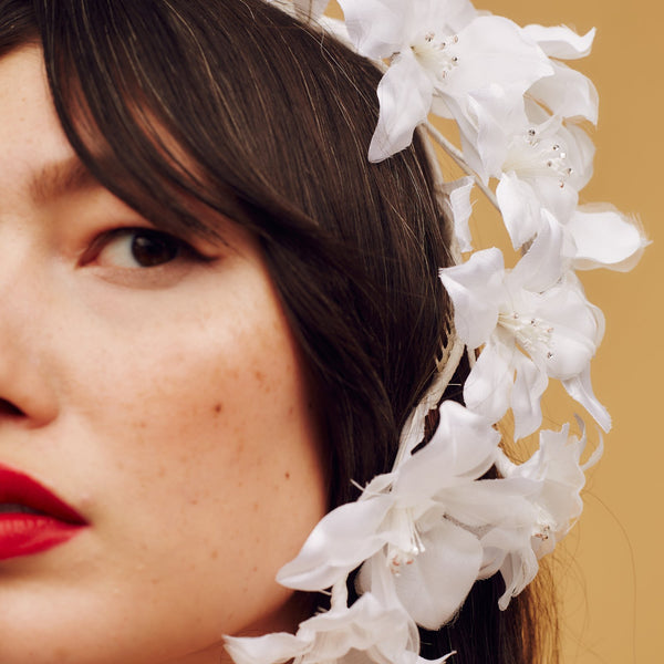 Ivory white silk orchid headpiece with mini crystalised stamen accents - Awon Golding Millinery