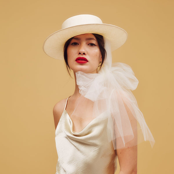 Ivory white parasisal straw boater with tulle under-chin ties - Awon Golding Millinery