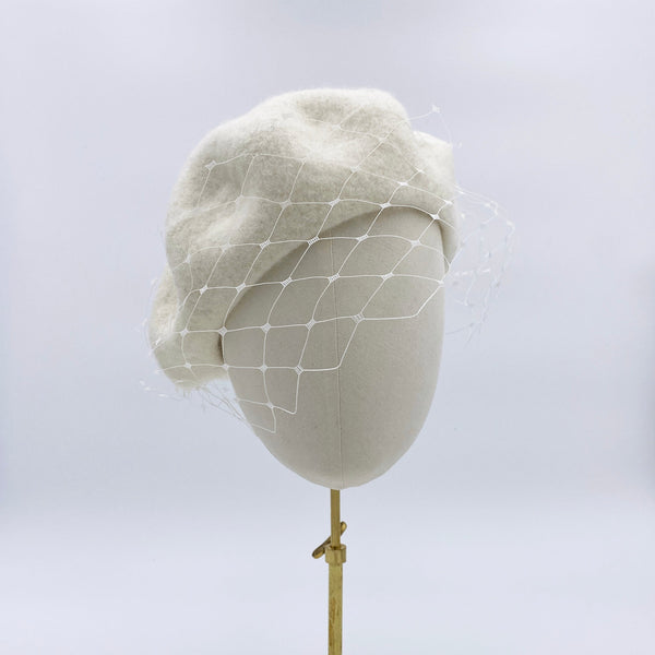 Women's White Ivory wool beret with veil